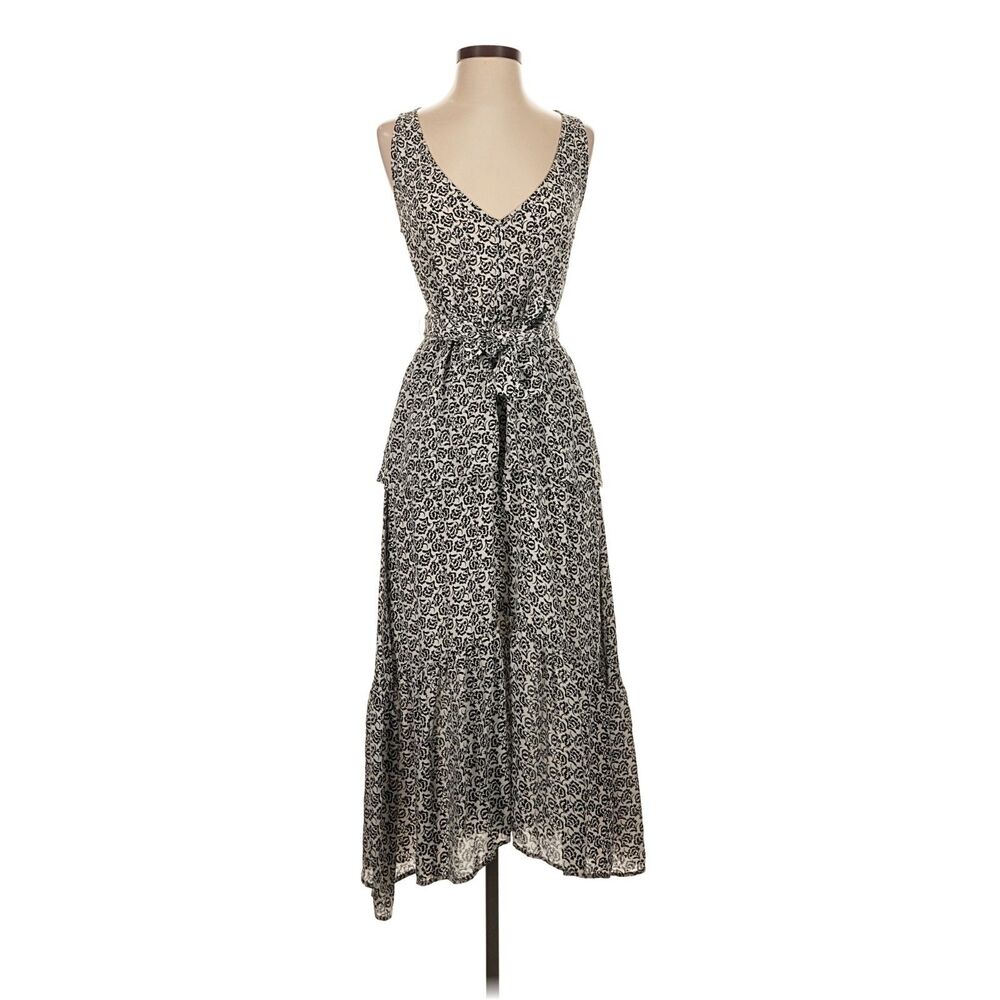 A.L.C. 100% Silk Black White Print Sleeveless Midi Dress Tie Waist Size 4 - Picture 7 of 7